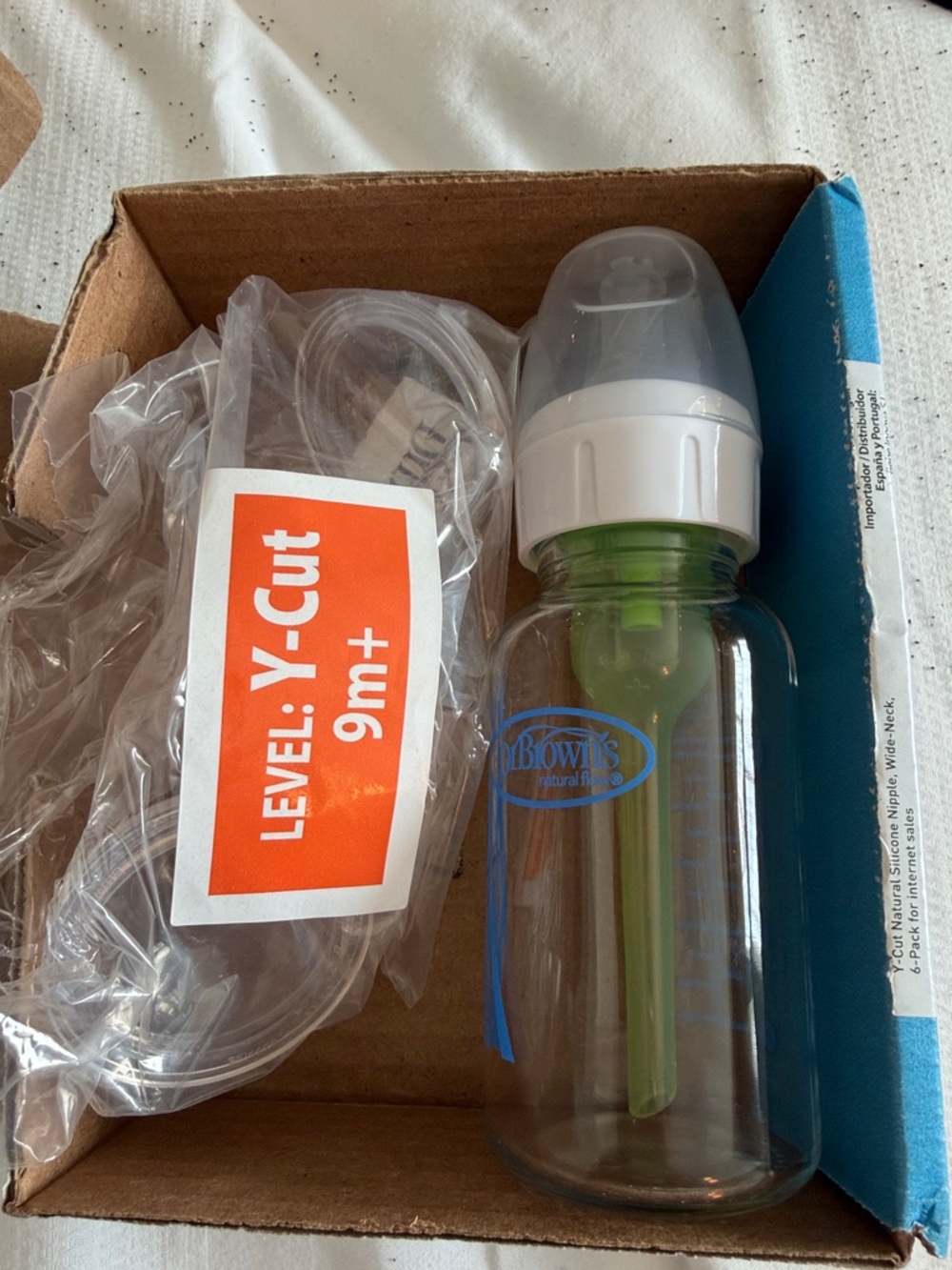Dr. Brown’s natural flow glass bottle and five new Y cut nipples